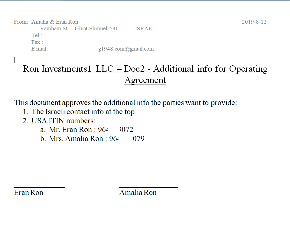 operating aggrement - ron investments1 llc pa